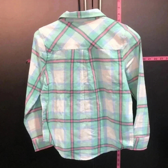 ThereABouts multi-plaid flannel like long sleeve button down top, Mint - Picture 7 of 10